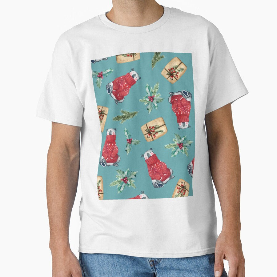 Pastel Blue New Year Pattern with Polar Bear in Sweater, Gift, Holly and Spruce Branch by fowons