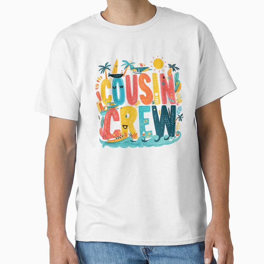 Cousin Crew Beach T-Shirt – Tropical Boats, Palms & Waves Family Matching Tee by Happy'CLICK'