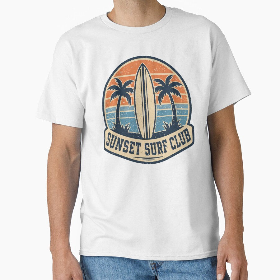 Sunset Surf Club Vintage Badge – Retro Beach Surfing Graphic Design by SaDesign99
