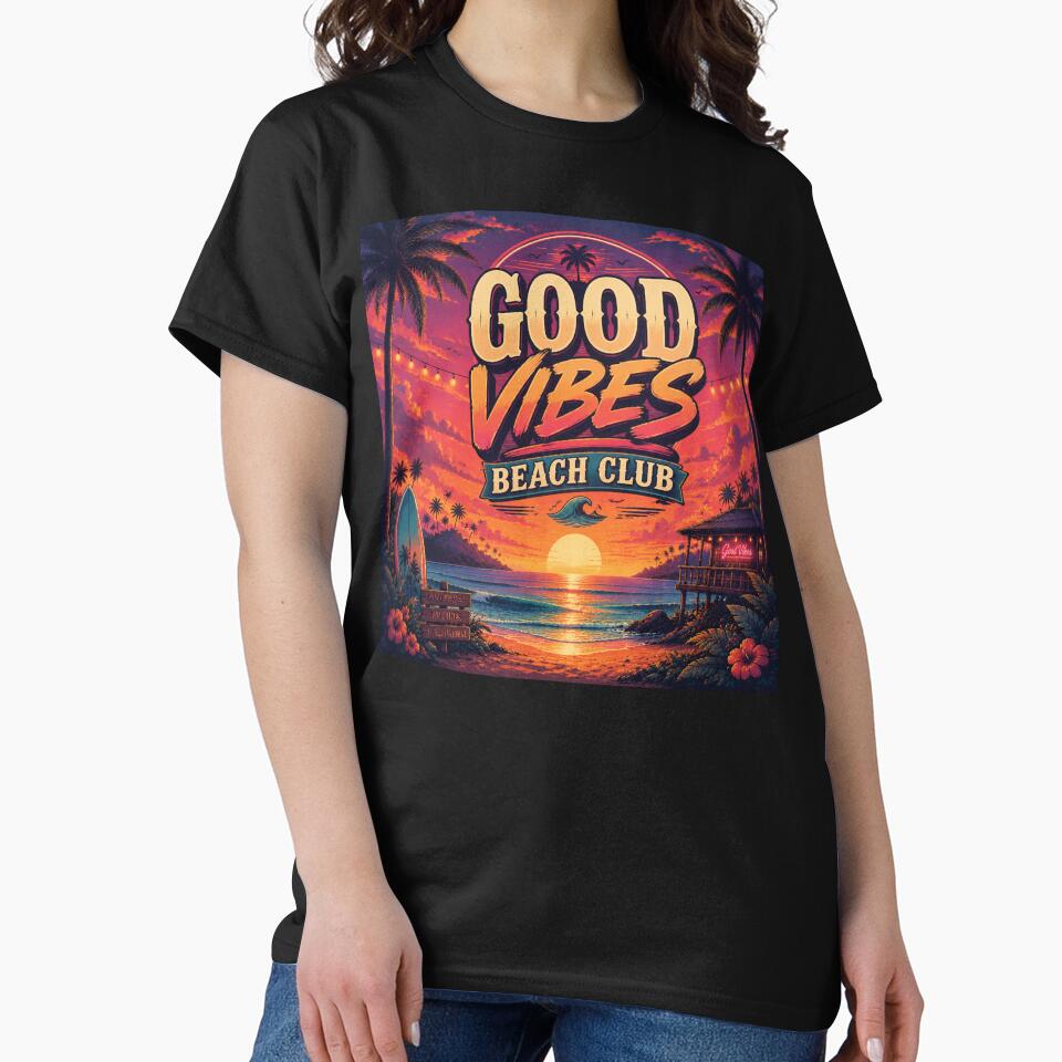 Good Vibes Beach Club Retro Tropical Sunset Poster | Surf Club Neon Ocean Wall Art Print by FestivityFinds