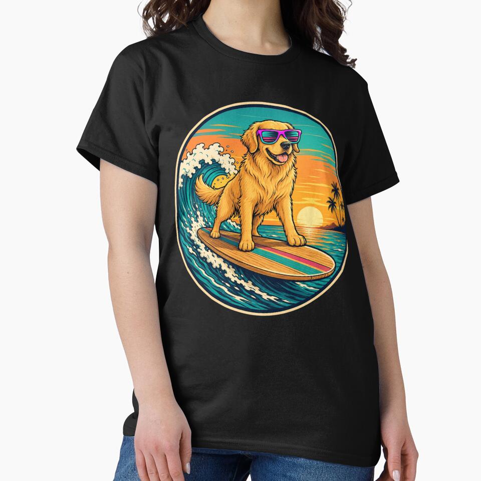 Golden Retriever Surf Club | Retro Sunset Surfing Dog Sticker by Timeless Junction