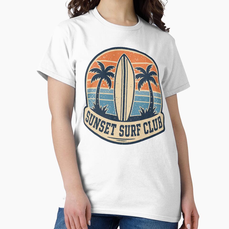 Sunset Surf Club Vintage Badge – Retro Beach Surfing Graphic Design by SaDesign99