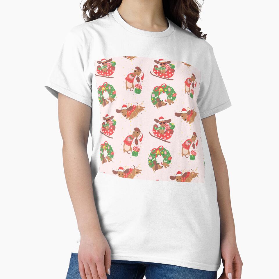 Christmas Dachshund Pattern — Cute Sausage Dog in Pink & Red Holiday Design by LuckyStarShop7
