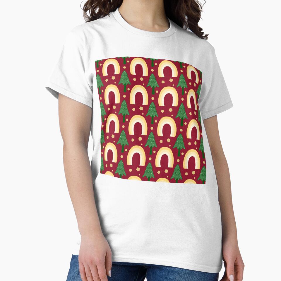 Yellow Rainbow & Christmas Tree Pattern on Red Background by Teenidesign