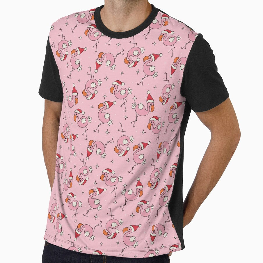 Christmas Flamingos Wearing Santa Hats on Pink by Woggy-Doodles-