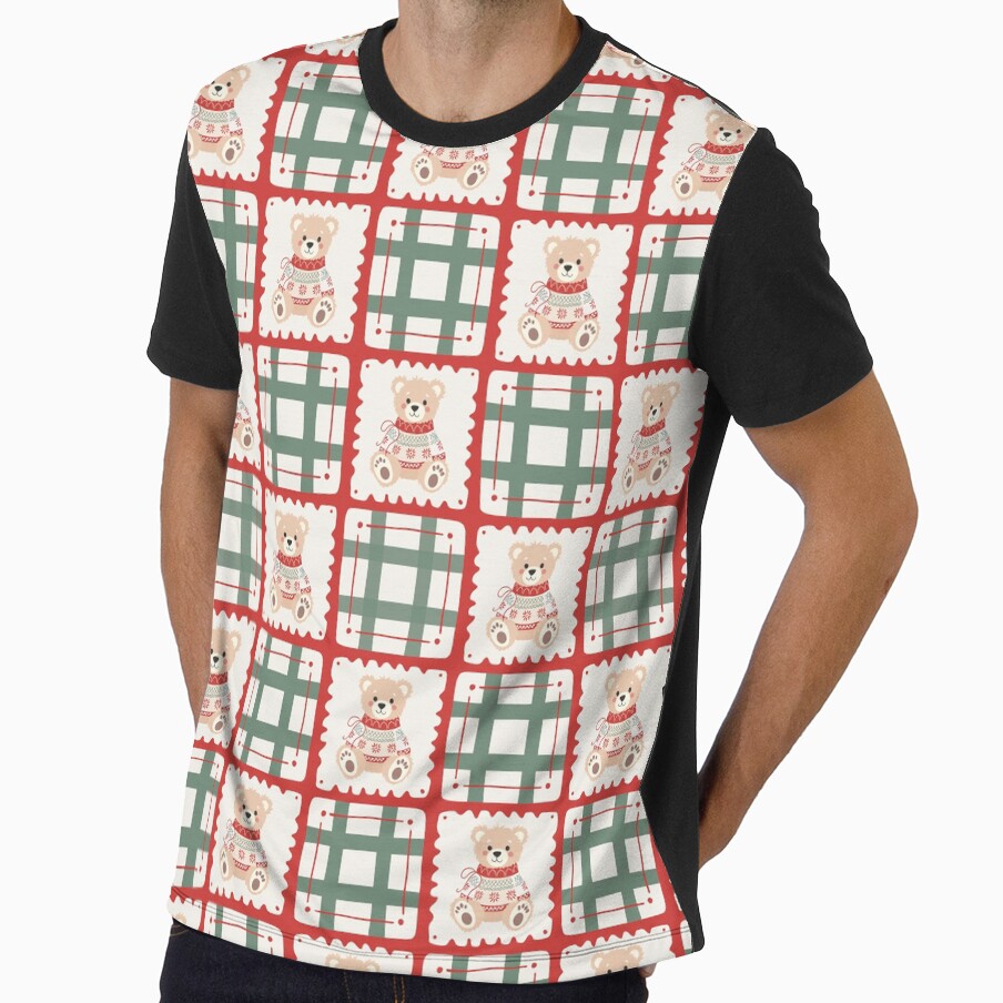 Christmas teddy bear vector seamless plaid tartan repeat pattern for blankets by Retro Street Studios