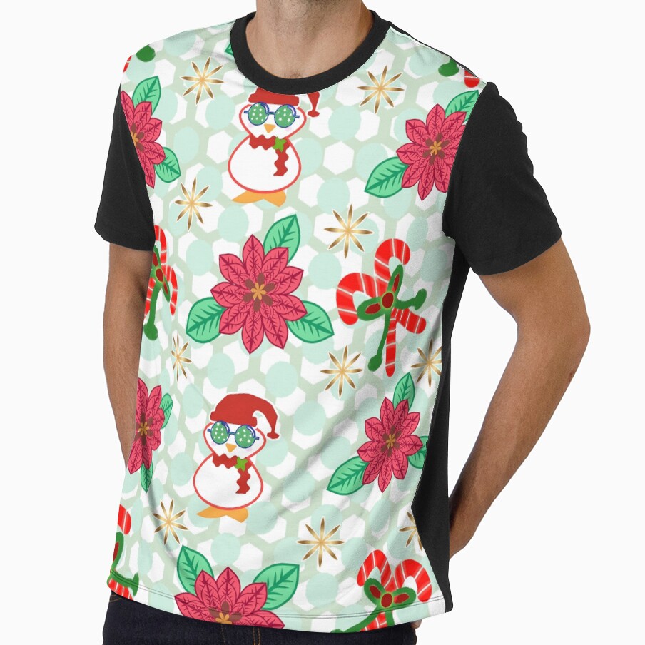Cute Christmas Penguin Pattern with Poinsettia, Candy Canes & Holiday Ornaments by HopeAndHustle