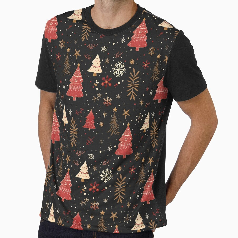 Festive Christmas Trees and Snowflakes on Black Seamless Pattern by Teeny Quities