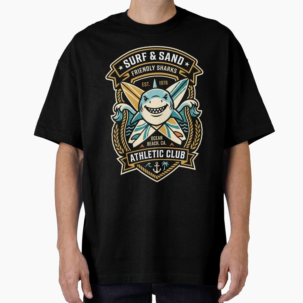 Retro Surf & Sand Friendly Sharks Ocean Beach Athletic Club Design by SplashTastic