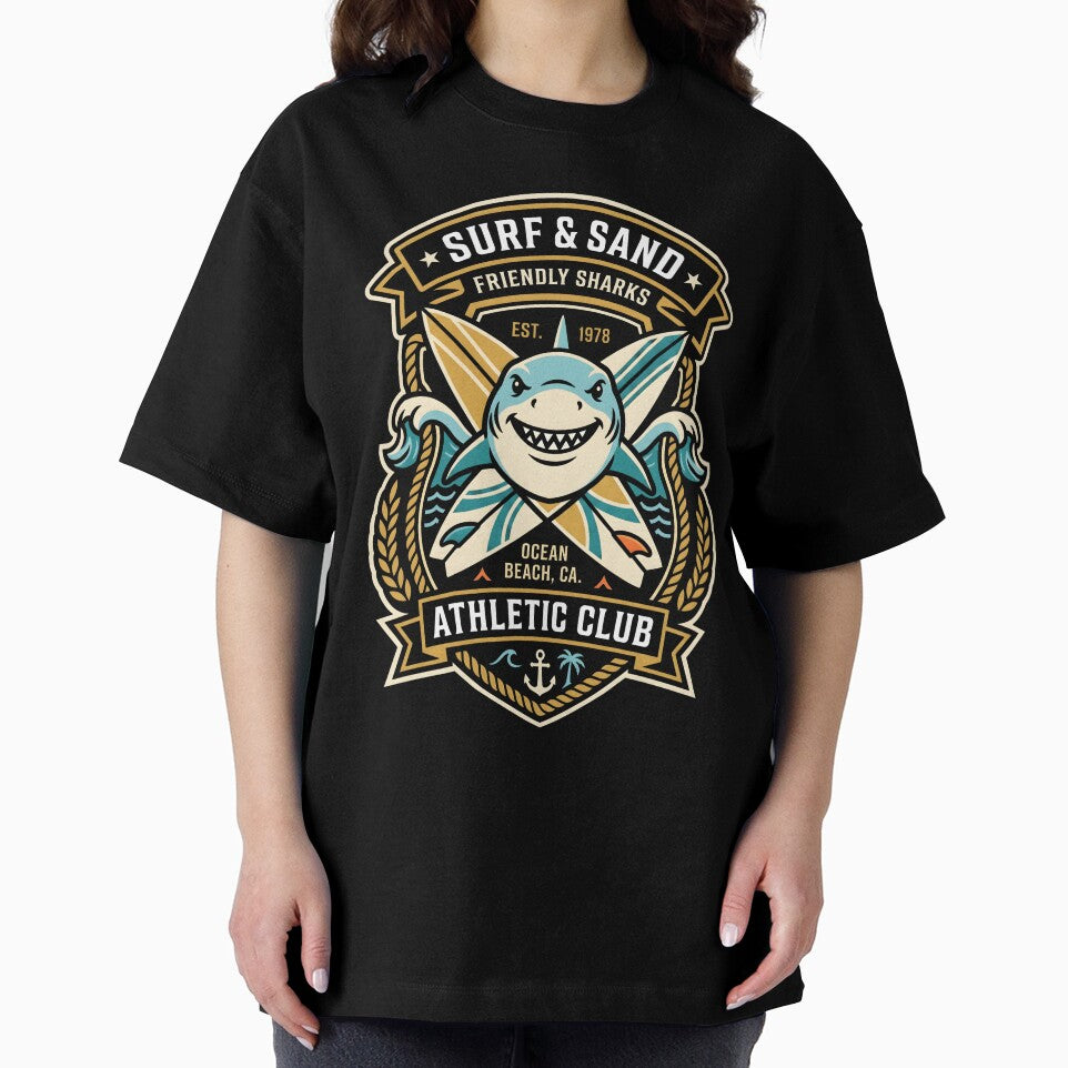 Retro Surf & Sand Friendly Sharks Ocean Beach Athletic Club Design by SplashTastic