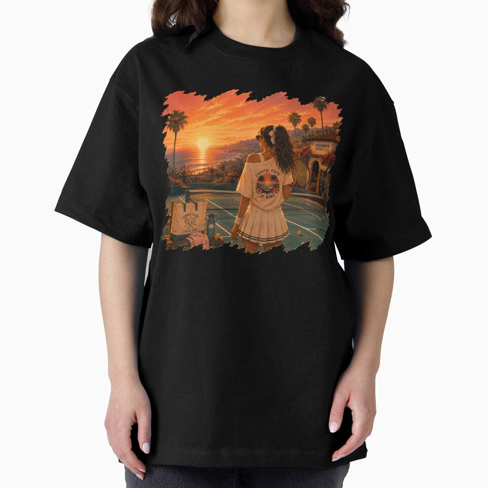 Retro Tennis Sunset Aesthetic | Coastal State Of Mind Vintage Sports Art by Digital Culture Studio