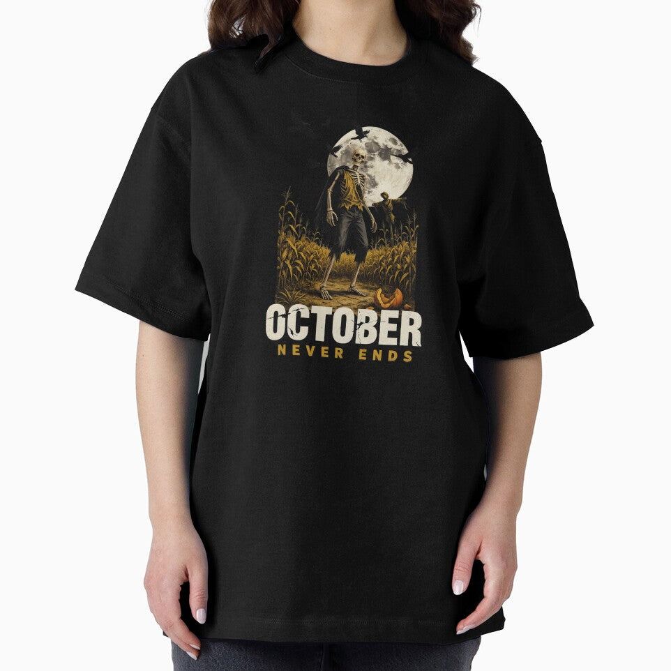 October Never Ends, Skeleton Cornfield Scarecrow Vintage Horror Movie Poster 80s by CryptReel
