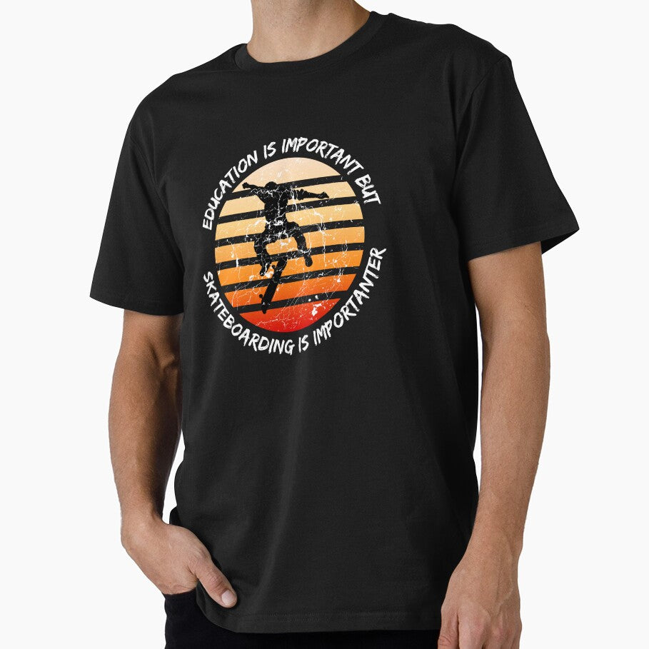 Education Is Important But Skateboarding Is Importanter Grunge Retro Sunset Skateboard Stunt In Black by LuckyKermit