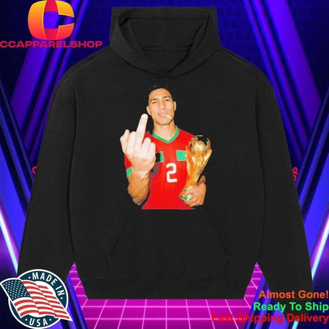 Achraf Hakimi Morocco World Cup middle finger and trophy shirt
