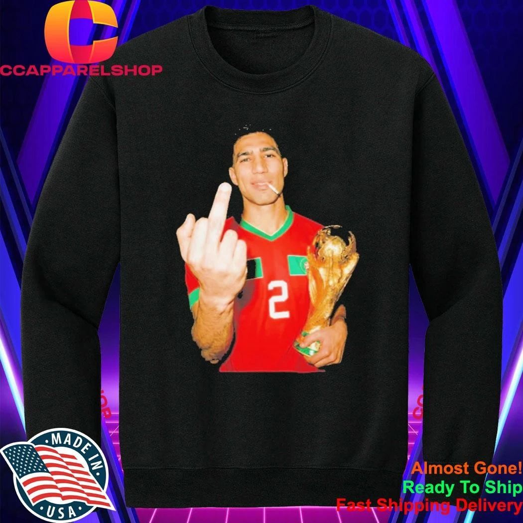 Achraf Hakimi Morocco World Cup middle finger and trophy shirt