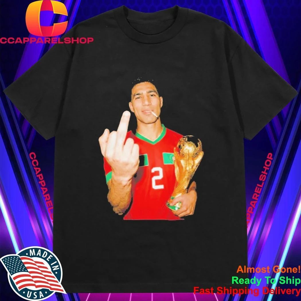 Achraf Hakimi Morocco World Cup middle finger and trophy shirt