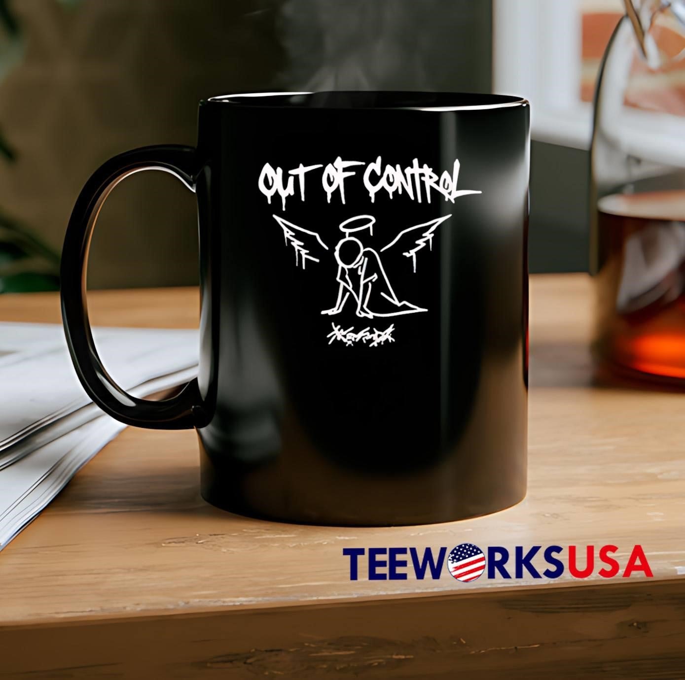 Out of Control Angel Huddled Cowering Scribble Logo Black T-Shirt